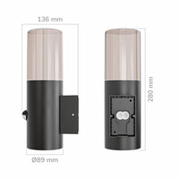 Blaze PIR LED wandlamp smoked glas - Schemer- en bewegingssensor - ex. E27 lichtbronnen - max. 15 Watt - Up Light - Muurlamp - Muurverlichting - IP44 voor binnen en buiten – Zwart