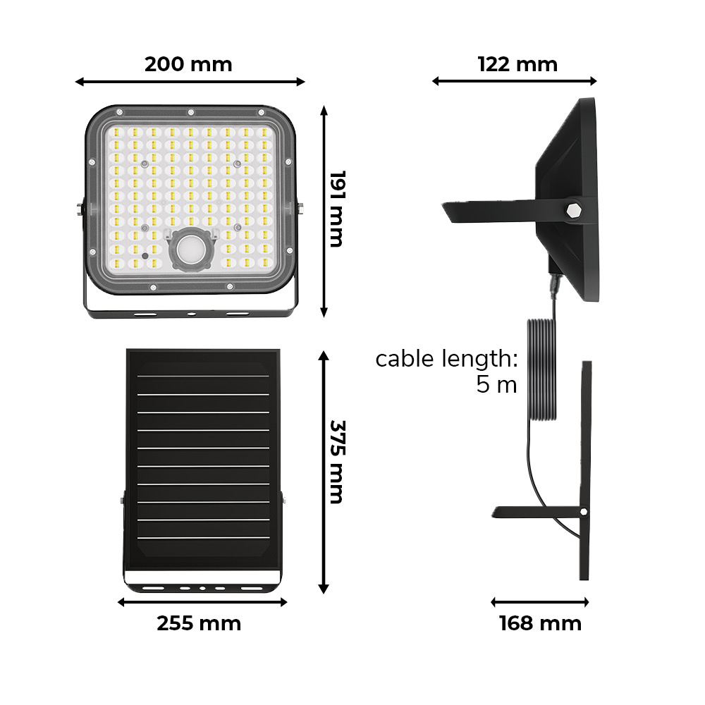 Vega LED Solar Breedstraler met bewegingssensor - Incl. Schemersensor - Los zonnepaneel - Schijnwerper, breedstraler - IP65 waterdicht - 180 LED's - 3