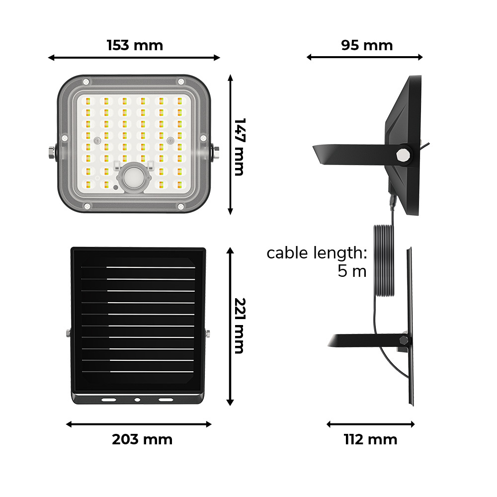 Vega LED Solar breedstraler met bewegingssensor - Incl. Schemersensor - Los zonnepaneel - Schijnwerper - IP65 waterdicht - 88 LED's - 10 watt - 2800-6