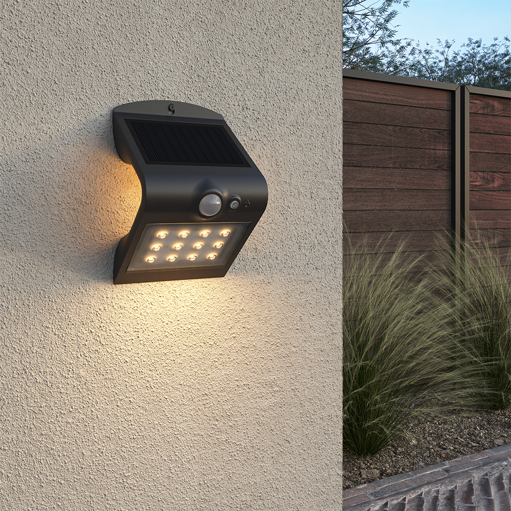 Rhodes LED Solar Wandlamp met bewegingssensor 2 lichtstanden 14 LEDS 3000K Warm wit