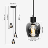 Zora - LED Hanglamp Smoke Glas - 3 lichtpunten - E27 - Zwart - IP20 - Hanglamp glazen bollen