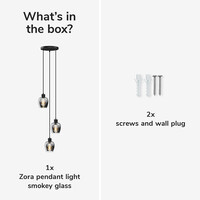 Zora - LED Hanglamp Smoke Glas - 3 lichtpunten - E27 - Zwart - IP20 - Hanglamp glazen bollen