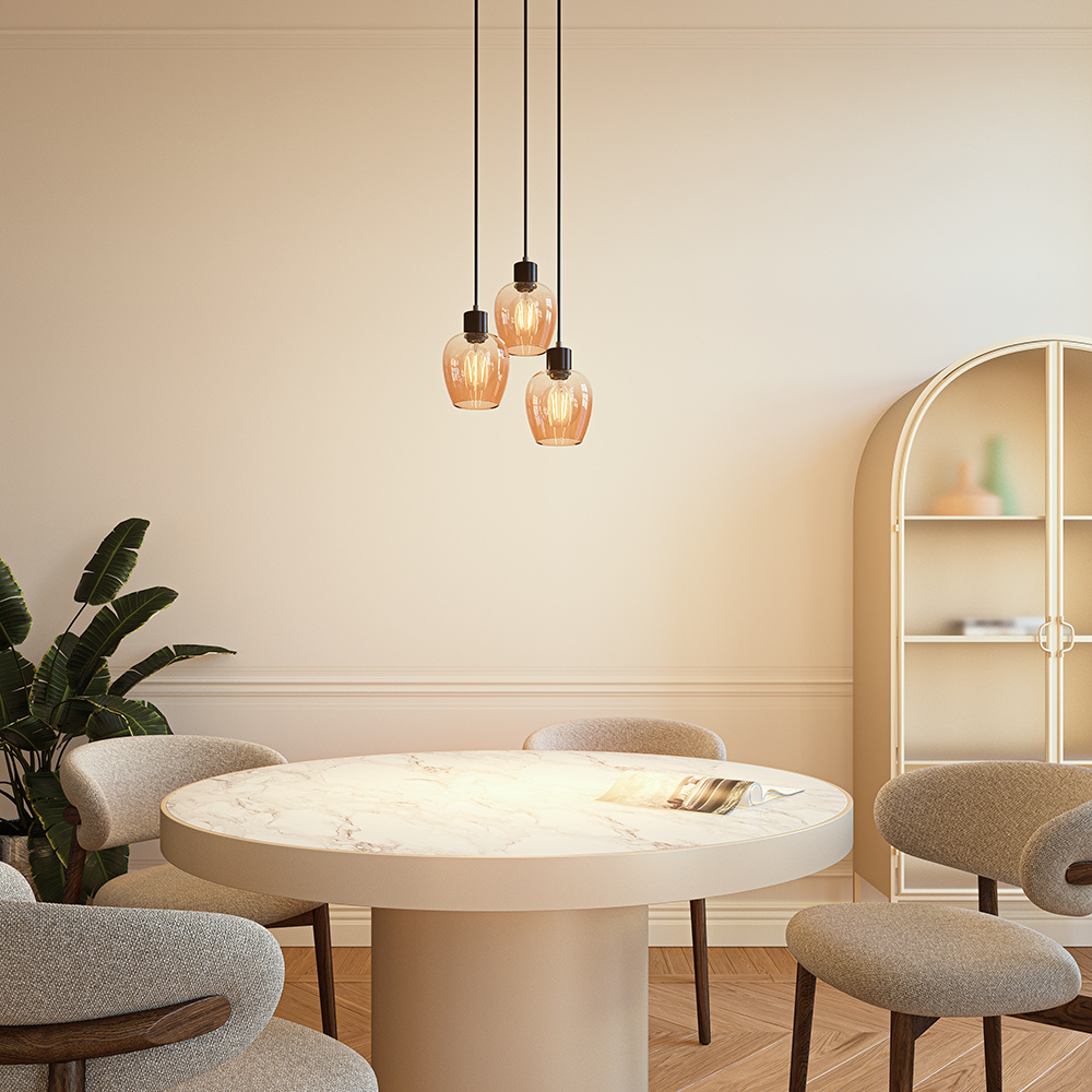 Zora - LED Hanglamp Glas - Amberkleurig - 3 lichtpunten - E27 - Zwart - IP20 - Hanglamp glazen bollen afbeelding