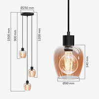 Zora - LED Ceiling Pendant Light - Amber - 3 spots - E27 - IP20 - Black - Glass Pendant Light