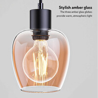 Zora - LED Ceiling Pendant Light - Amber - 3 spots - E27 - IP20 - Black - Glass Pendant Light