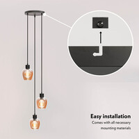 Zora - LED Ceiling Pendant Light - Amber - 3 spots - E27 - IP20 - Black - Glass Pendant Light