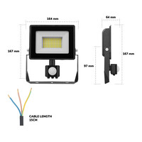 Stratos LED Floodlight with PIR sensor 30 Watt 2505 lumens IP65 6500K Black 2-year warranty