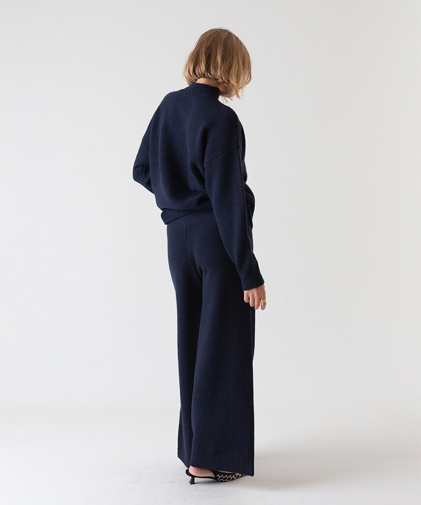 Knitted Wide Leg Trousers Navy Blue - Lewis & Melly