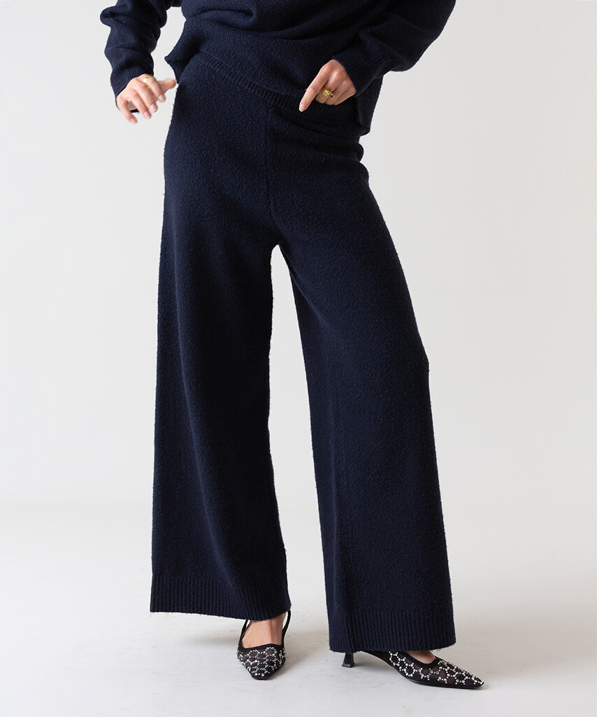 Knitted Wide Leg Trousers Navy Blue - Lewis & Melly