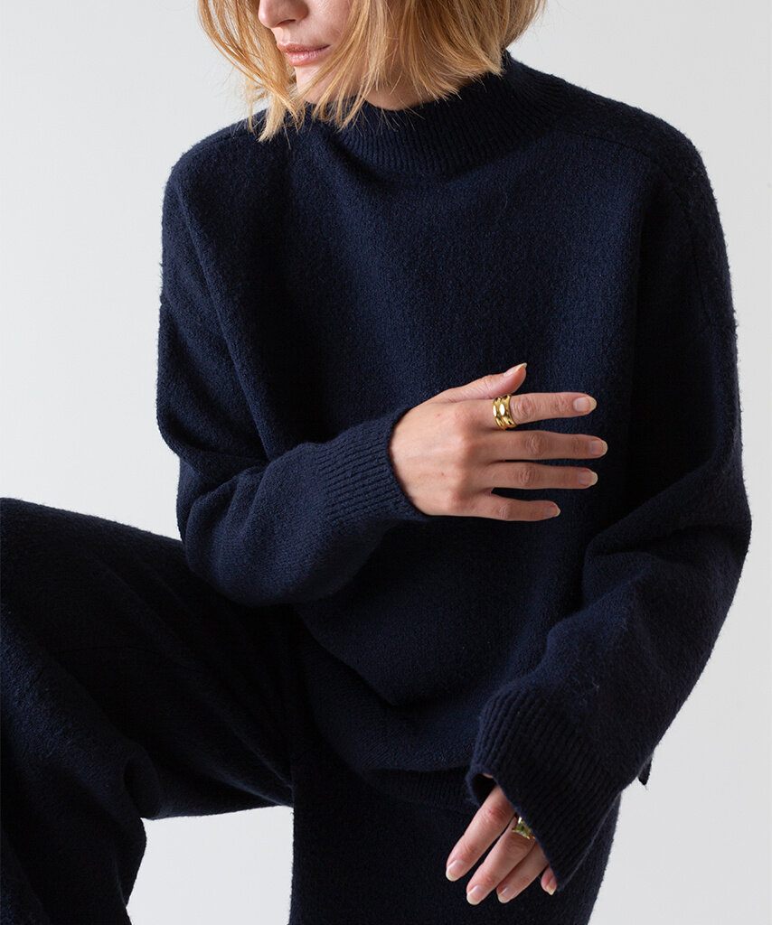 Knitted High Neck Sweater Navy Blue - Lewis & Melly