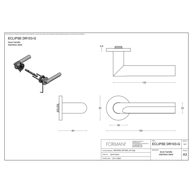 Formani Deurkruk Eclipse DR103-G PVD mat goud