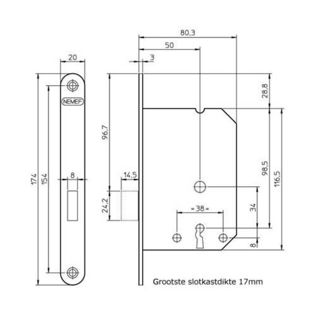 Nemef Kastslot 1256 met messing voorplaat