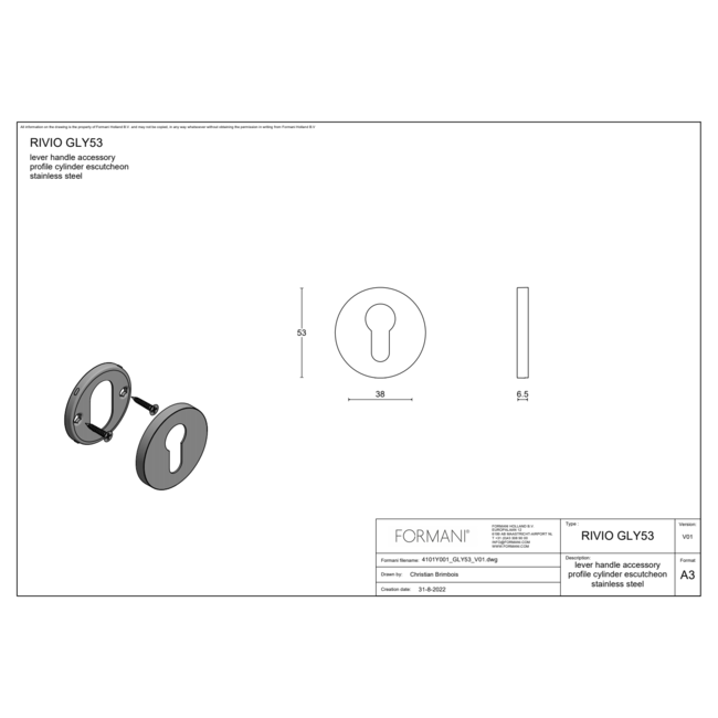 Formani Cilinderrozet GLY53 PVD mat goud