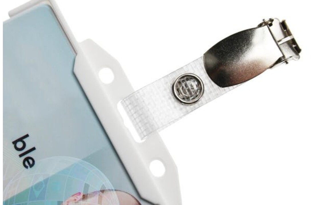 Badgeclip met 'bretelclip' en metalen bevestigingsdrukker