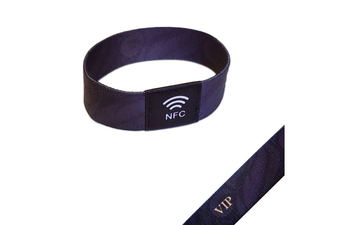 NFC Event-polsband. Bedrukt lastisch textiel, NXP NTAG213
