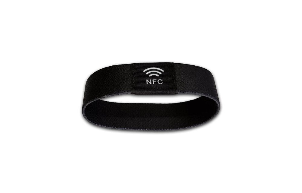 NFC Event-polsband. Bedrukt elastisch textiel, NXP NTAG213 + Volgnummer