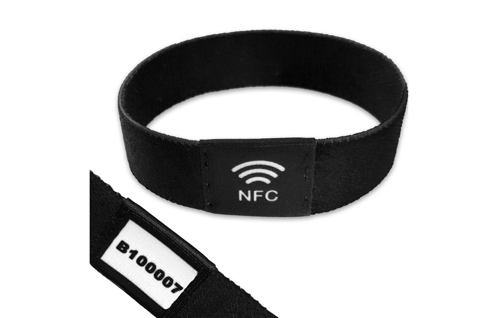 NFC Event-polsband. Bedrukt elastisch textiel, NXP NTAG213 + Volgnummer