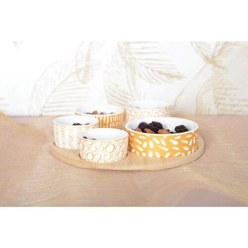 Aulica Aperitief set - 5 kopjes op ronde houten dienblad Aulica Aperitief set - 5 kopjes op ronde houten dienblad