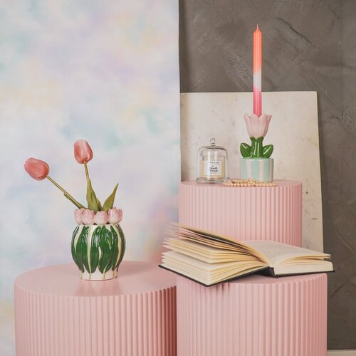 Housevitamin Ronde Vaas - Tulpen - Roze/Wit