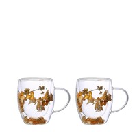 Dubbele wand theekopjes 350ml - Gouden bloemen (2 st.)