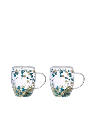 Dubbele wall theekopjes blauwe en witte bloemen 350 ml -lot van 2