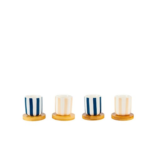 Gestreepte koffiekopjes met houten schoteltjes - set van 4