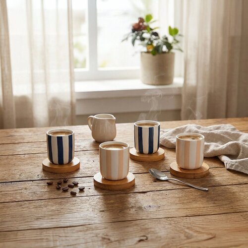 Gestreepte koffiekopjes met houten schoteltjes - set van 4