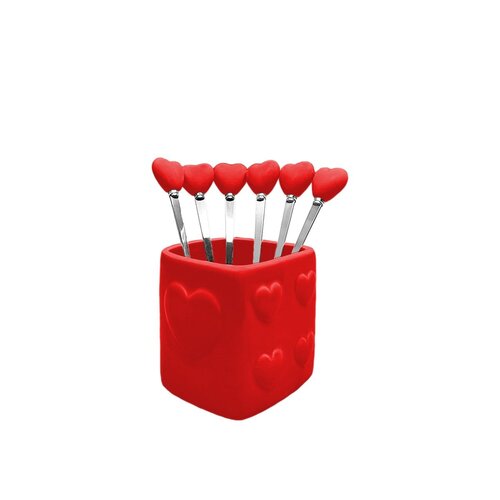 Theelepeltjes rood hart met houder - set van 6