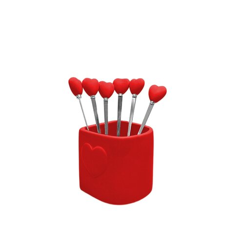 Theelepeltjes rood hart met houder - set van 6