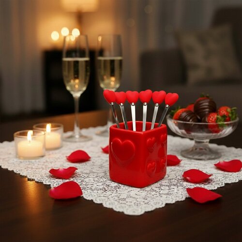 Theelepeltjes rood hart met houder - set van 6