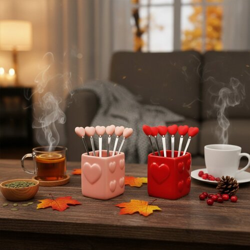 Theelepeltjes rood hart met houder - set van 6