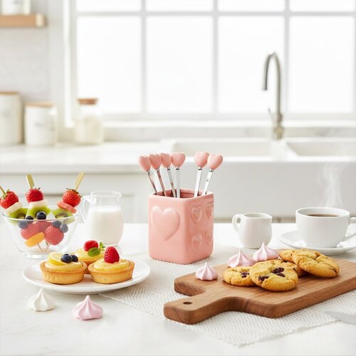 Roze theelepels met houder - set van 6