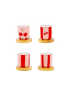 Kersen koffiekopjes met houten schoteltjes - set van 4