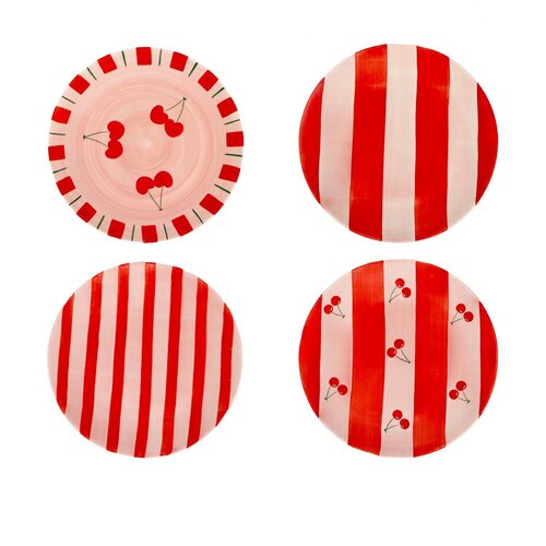 Kersenrood gestreepte dessertbordjes - set van 4