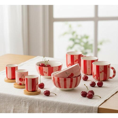 Kersenrood gestreepte dessertbordjes - set van 4