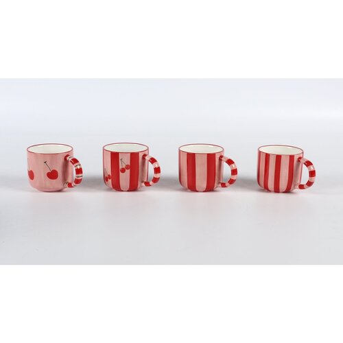 Kersenrood gestreepte mokken - set van 4