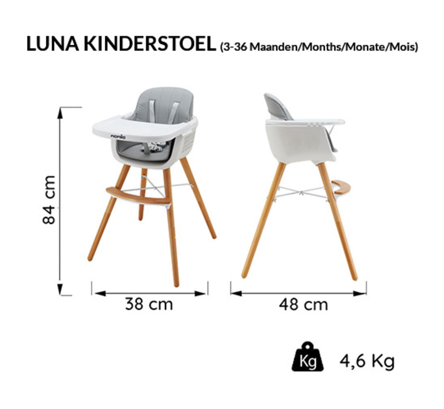 Luna Highchair - 2 in 1 - High chair - White, Grey - from 6 months onwards