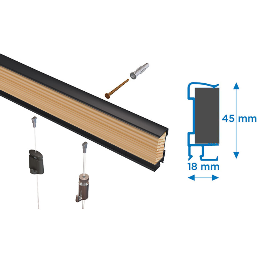 Artiteq Art Strip, zwarte kantlat met schilderij ophangsysteem voor montage op de wand, lengte 3 meter.-3