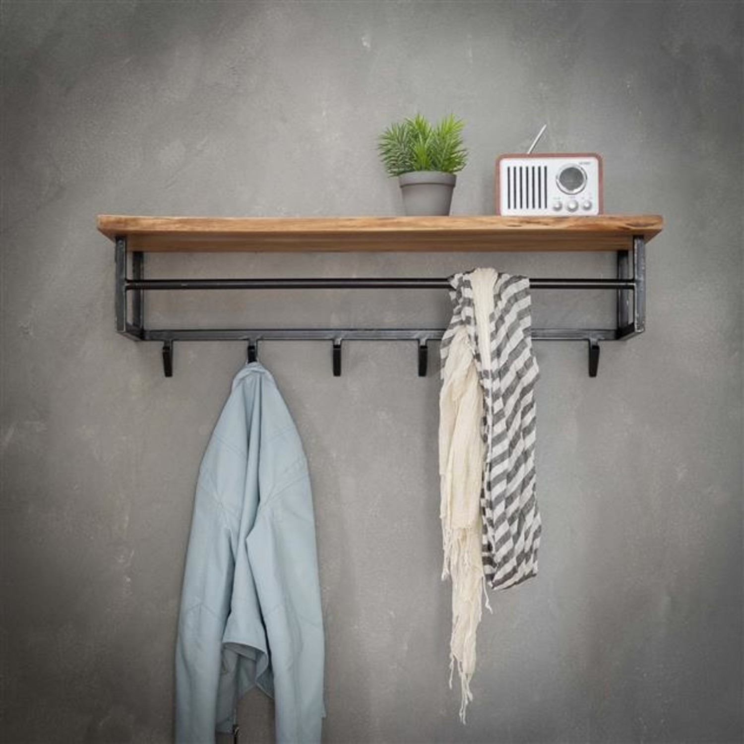 Wooden coat rack Tommy wall shelf with 6 hooks - Furnwise