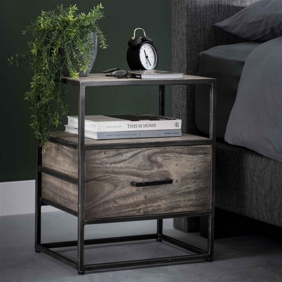 Industrial Bedside Table Teller Solid Acacia Wood Furnwise