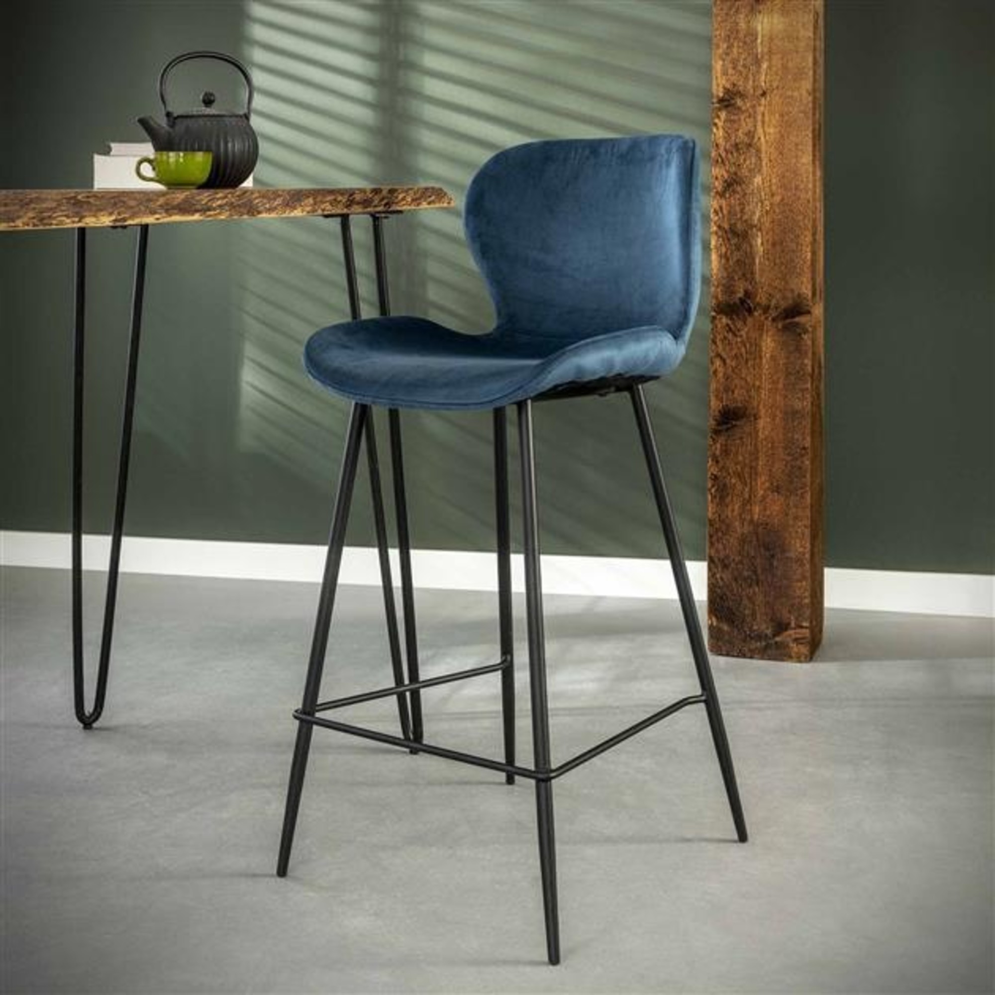 Velvet bar stool Golf Blue Available at Furnwise! Furnwise