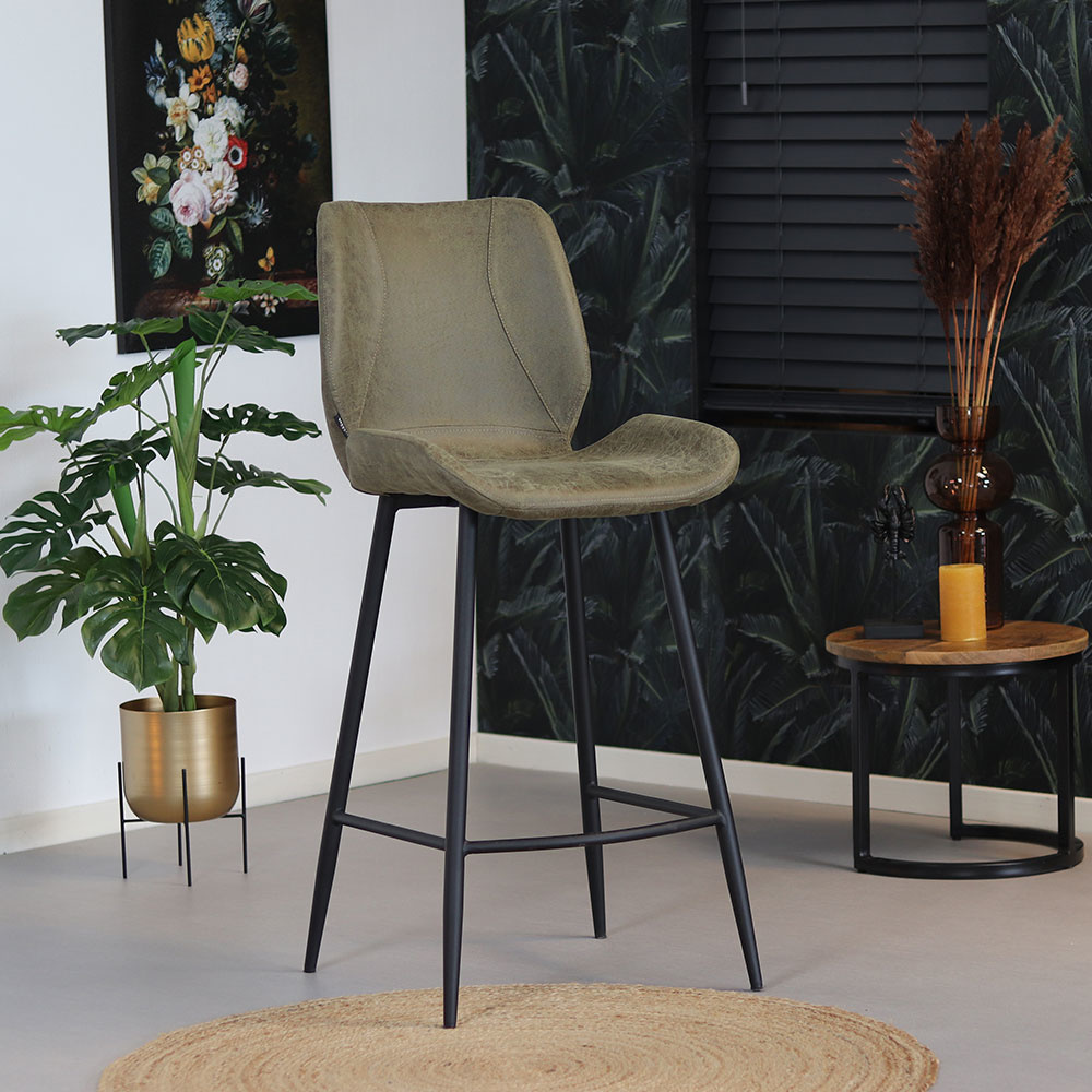 Industrial Bar Stool Barrel Green Leather Furnwise