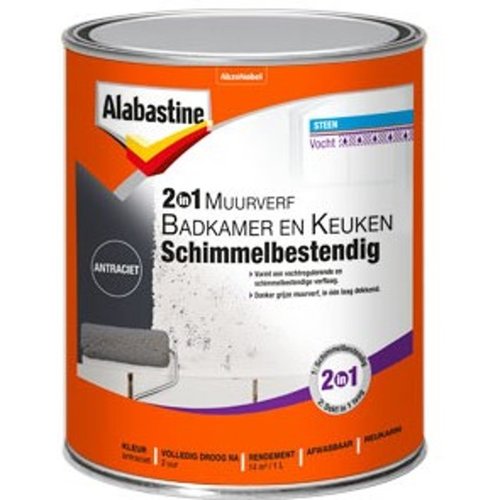 Alabastine 2-in-1 Muurverf Badkamer en Keuken Schimmelbestendig - 1 liter Antraciet