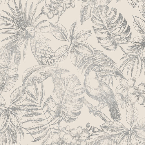 Dutch Wallcoverings Behang Escapade Toekan/Papegaai Wit/Zilver L707-09