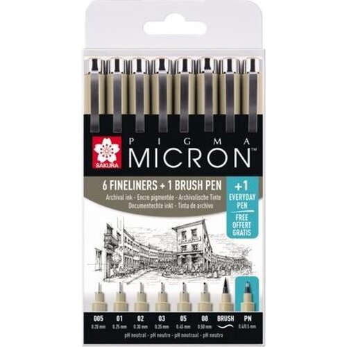 Royal Talens Pigma Micron Etui Promotieset met 7 fineliners Zwart + 1 gratis Pigma Micron PN - Zwart