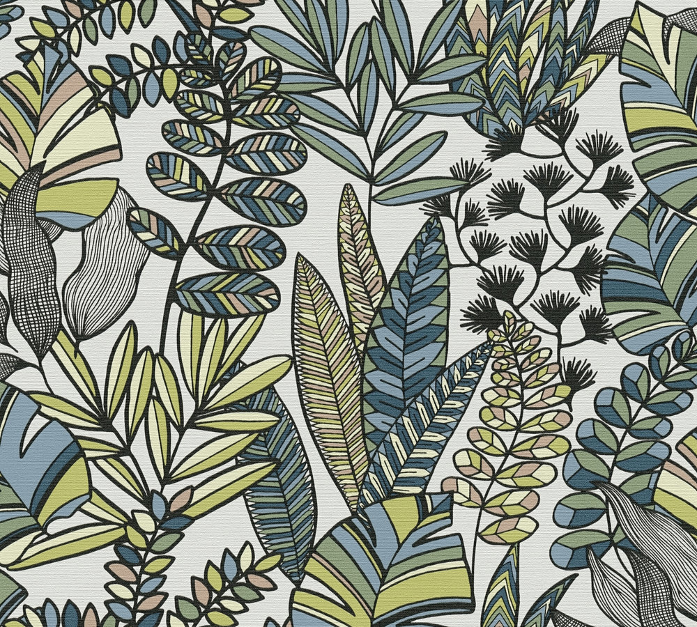 BLADEREN BEHANG | Botanisch - blauw groen zwart wit - A.S. Création Antigua
