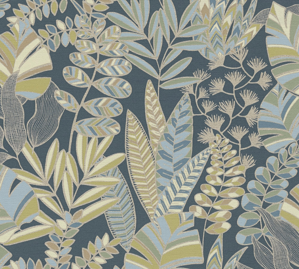 BLADEREN BEHANG | Botanisch - blauwgroen goud beige - A.S. Création Antigua