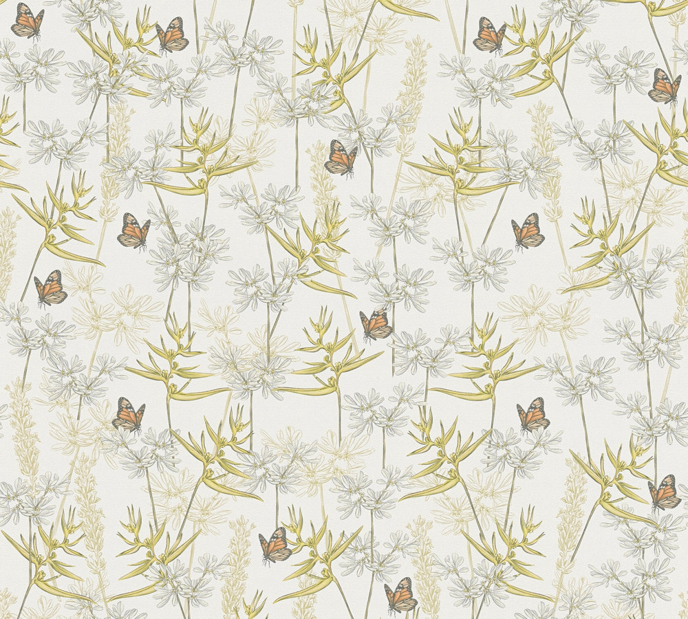 GRASSEN EN VLINDERS BEHANG | Botanisch & Dieren - Wit Geel Grijs Oranje - Living Walls Drawn Into Nature