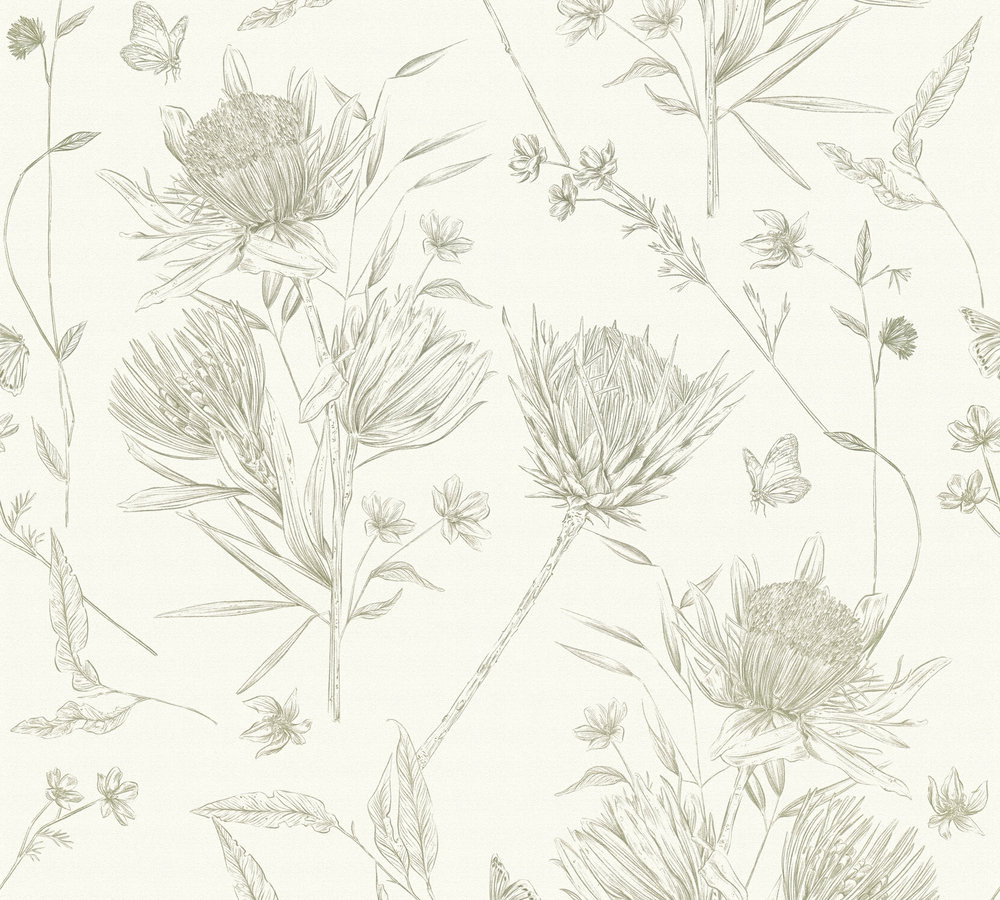 VLINDERS EN BLOEMEN BEHANG | Botanisch & Dieren - Wit Groen - Living Walls Drawn Into Nature
