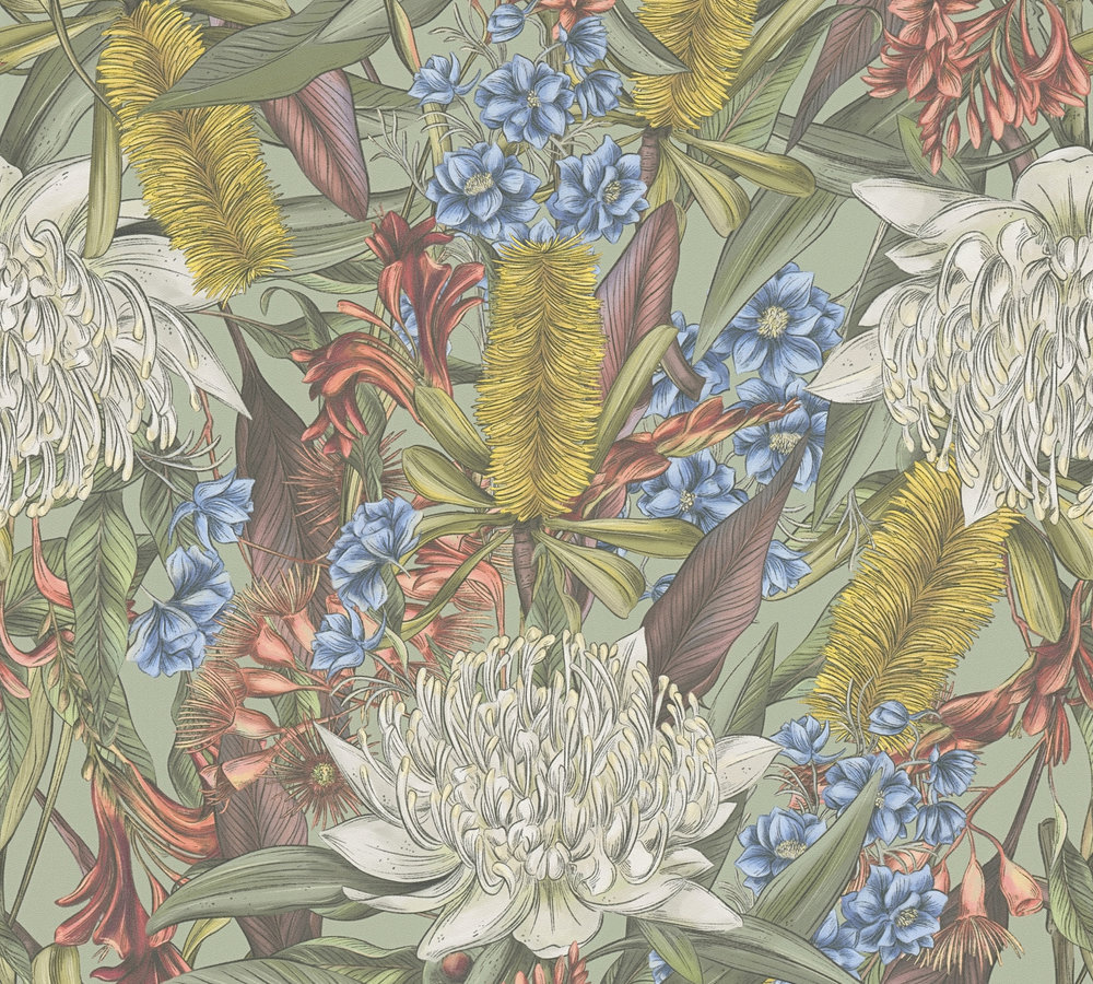 KLEURRIJKE BLOEMEN BEHANG | Floraal - Groen Geel Blauw Rood - Living Walls Drawn Into Nature